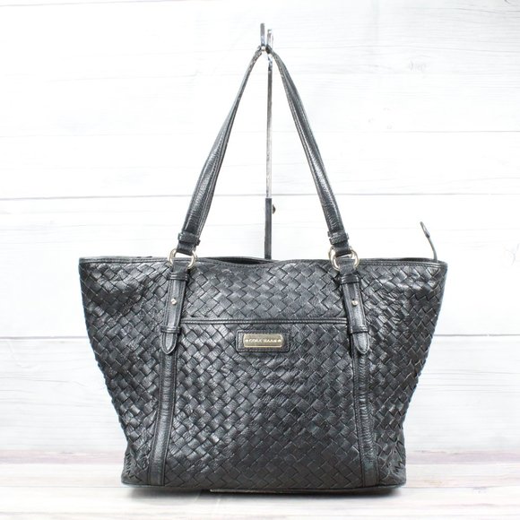 Cole Haan Handbags - Cole Haan Black Genuine Leather Woven Design Tote Shoulder Bag